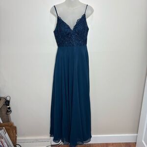 Azazie Sonya Bridesmaid Dress gown lace bodice maxi size 4 Green Blue wedding